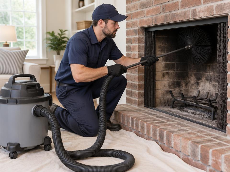 Chimney sweep technician cleaning a flue in Los Angeles
